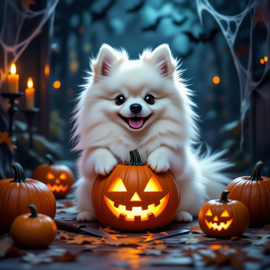 Pomeranian Carves Jack-o'-Lantern in Spooky Haunted House