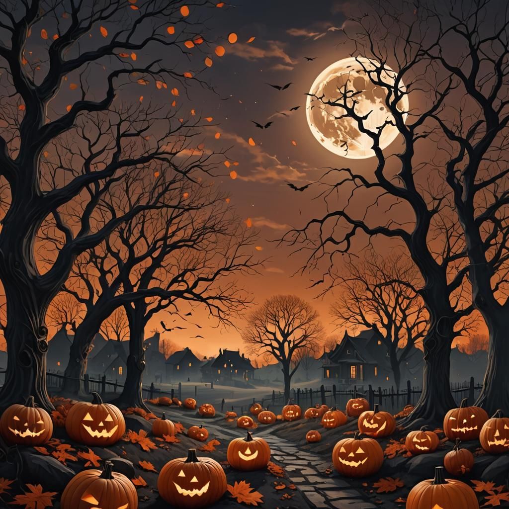 Mystic Autumn Night Landscape with Pumpkins