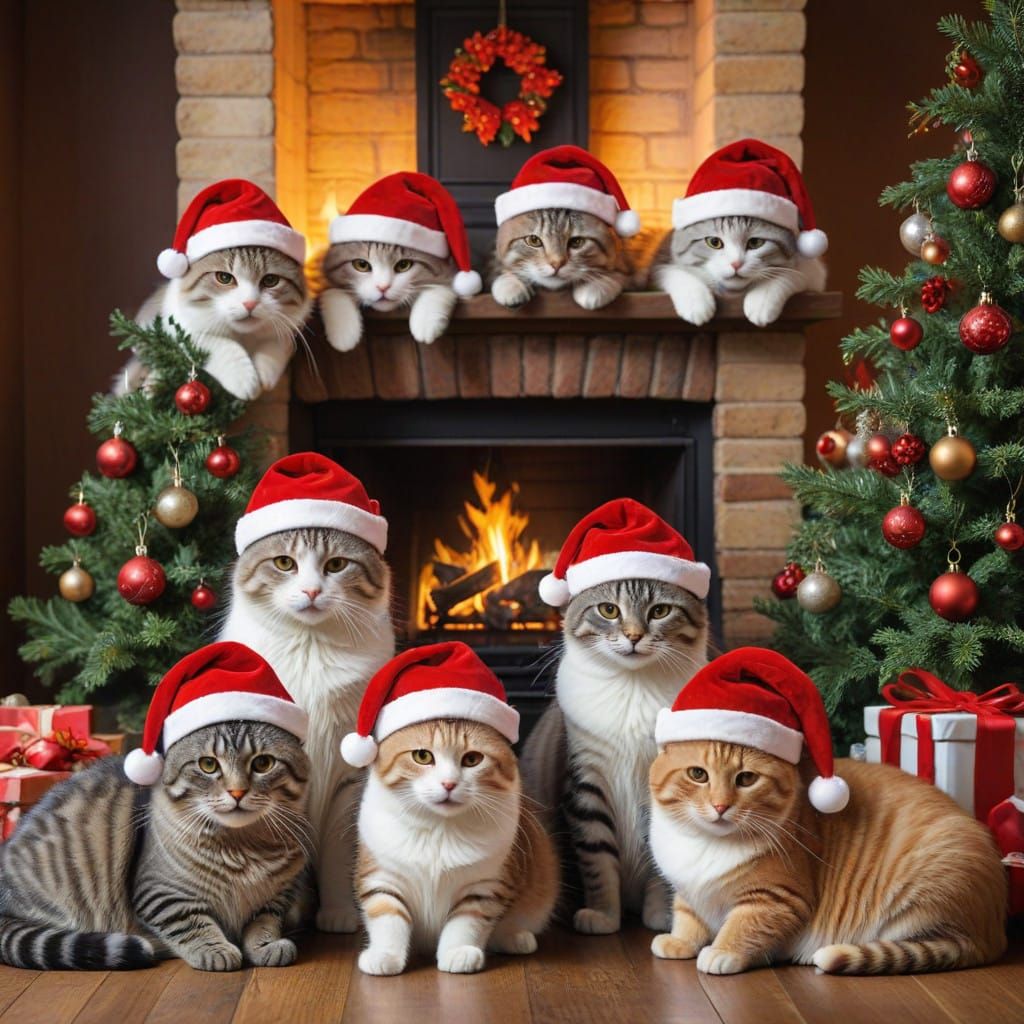 Joyful Feline Christmas Gathering around a Fireplace