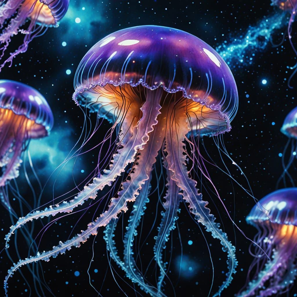 A shimmering, ethereal jellyfish floats through a cosmic oce...