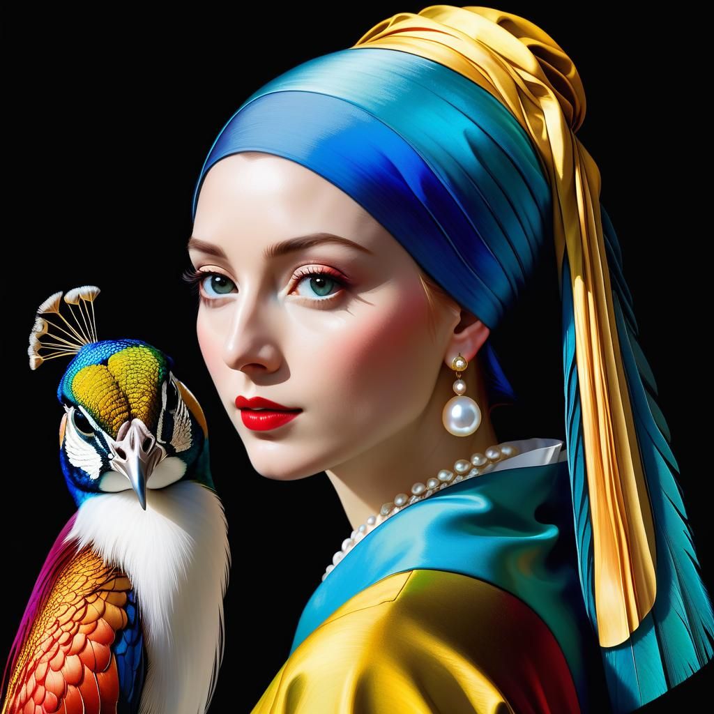 Girl with Pearl Earring and Peacock, Pre-Raphaelite Style