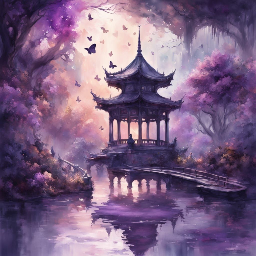 Watercolor Pagoda with Butterflies and Lotuses