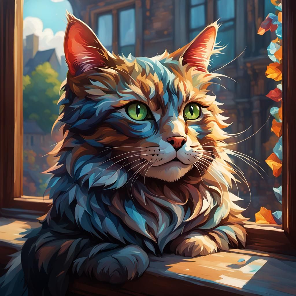 Cat Portrait on Windowsill, Hyperdetailed Concept Art