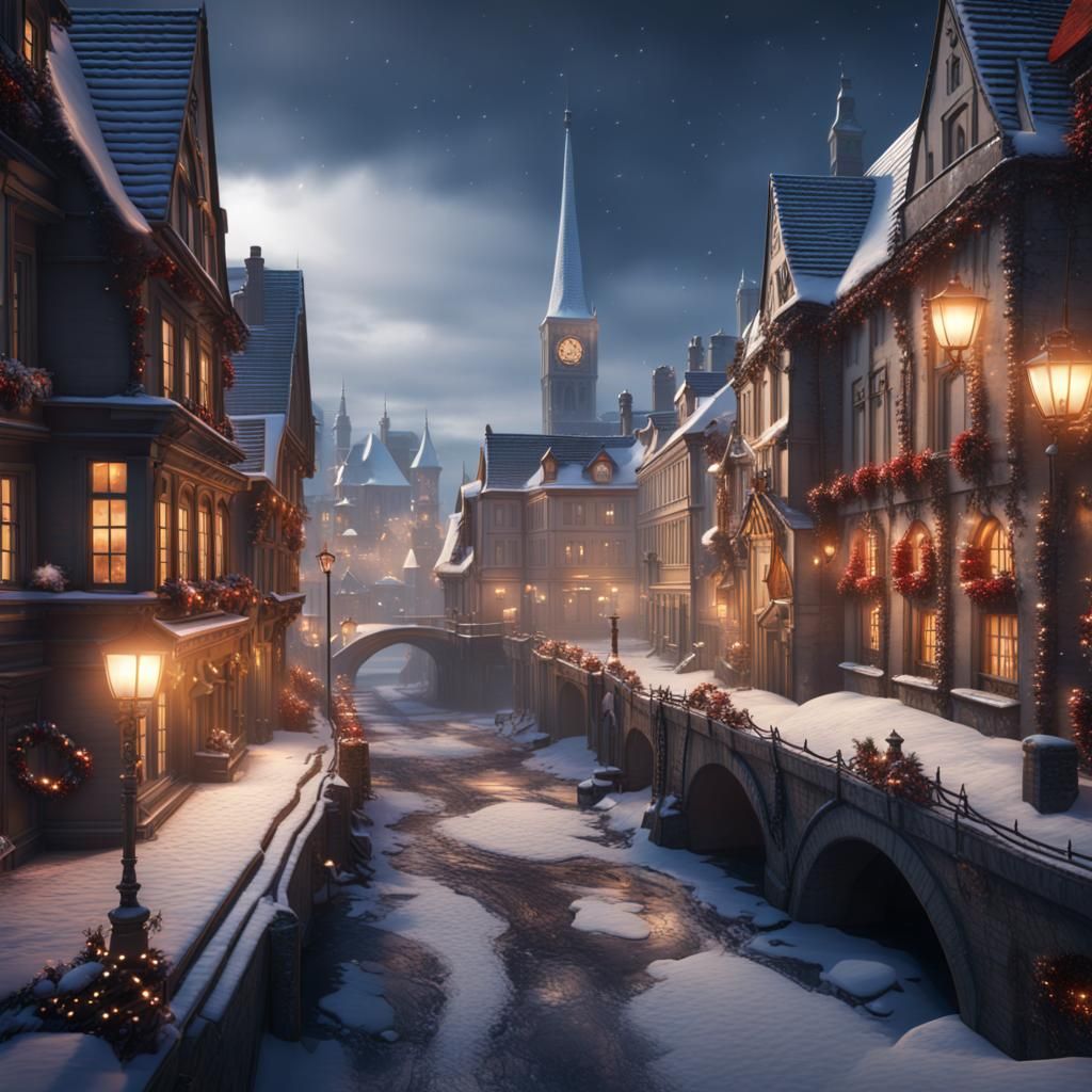 Winter Cityscape with Christmas Lights in Matte Painting Sty...