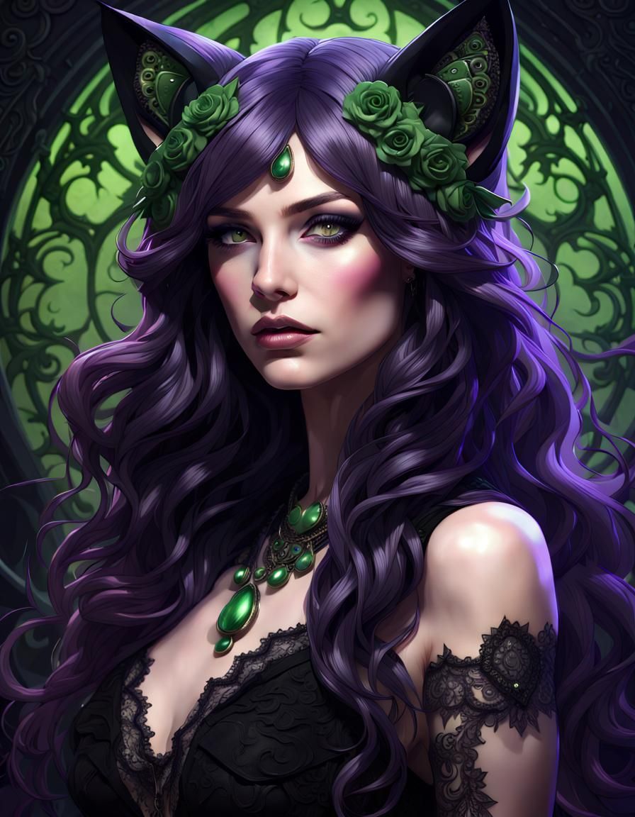 Green Eyed Woman in Lace, Art Nouveau Style