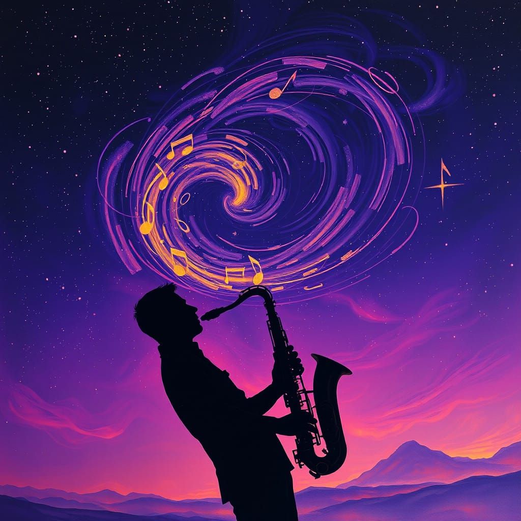 Saxophonist Silhouetted Against Vibrant Starry Sky