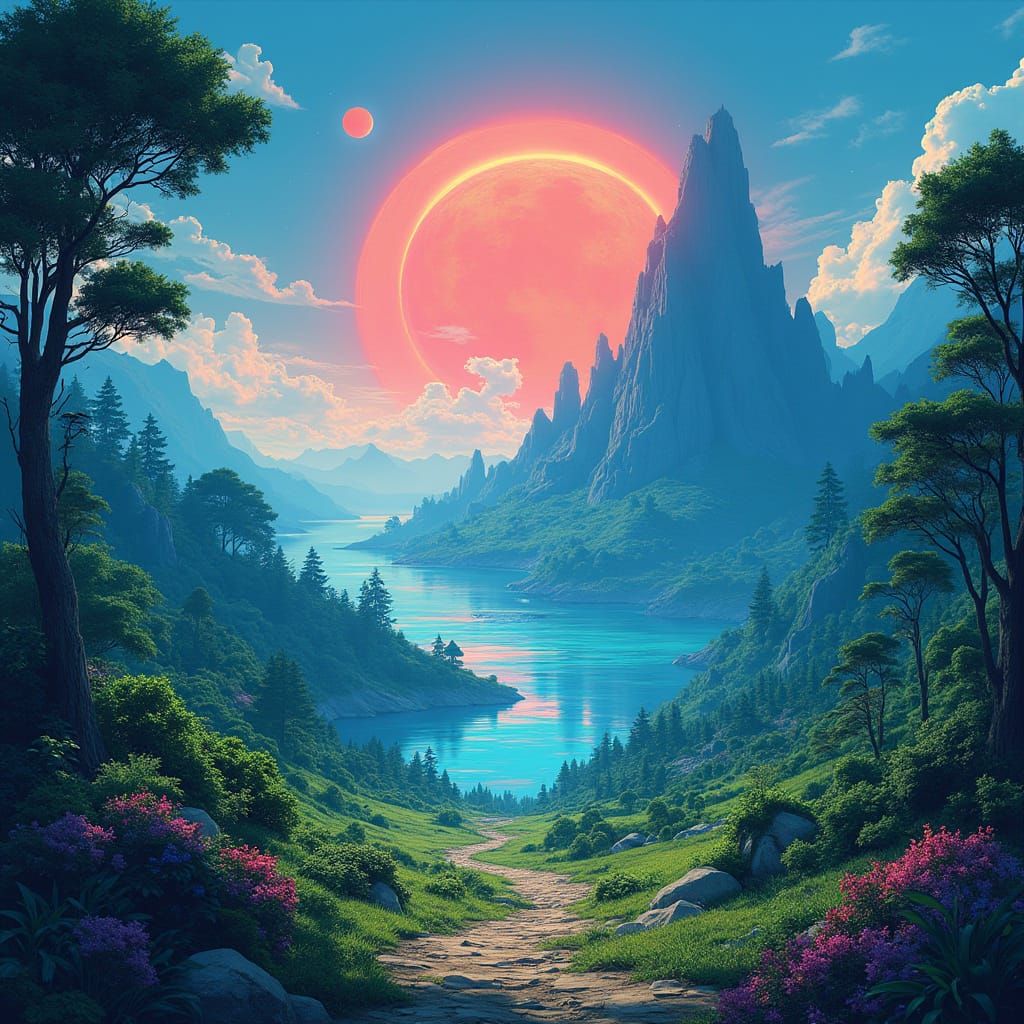Exoplanet with Red Sun, in Sci-Fi Style