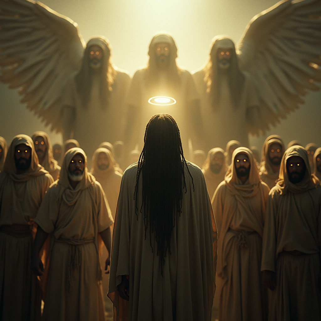 Regal Figure Surrounded by Angels in a Mysterious, Cinematic...