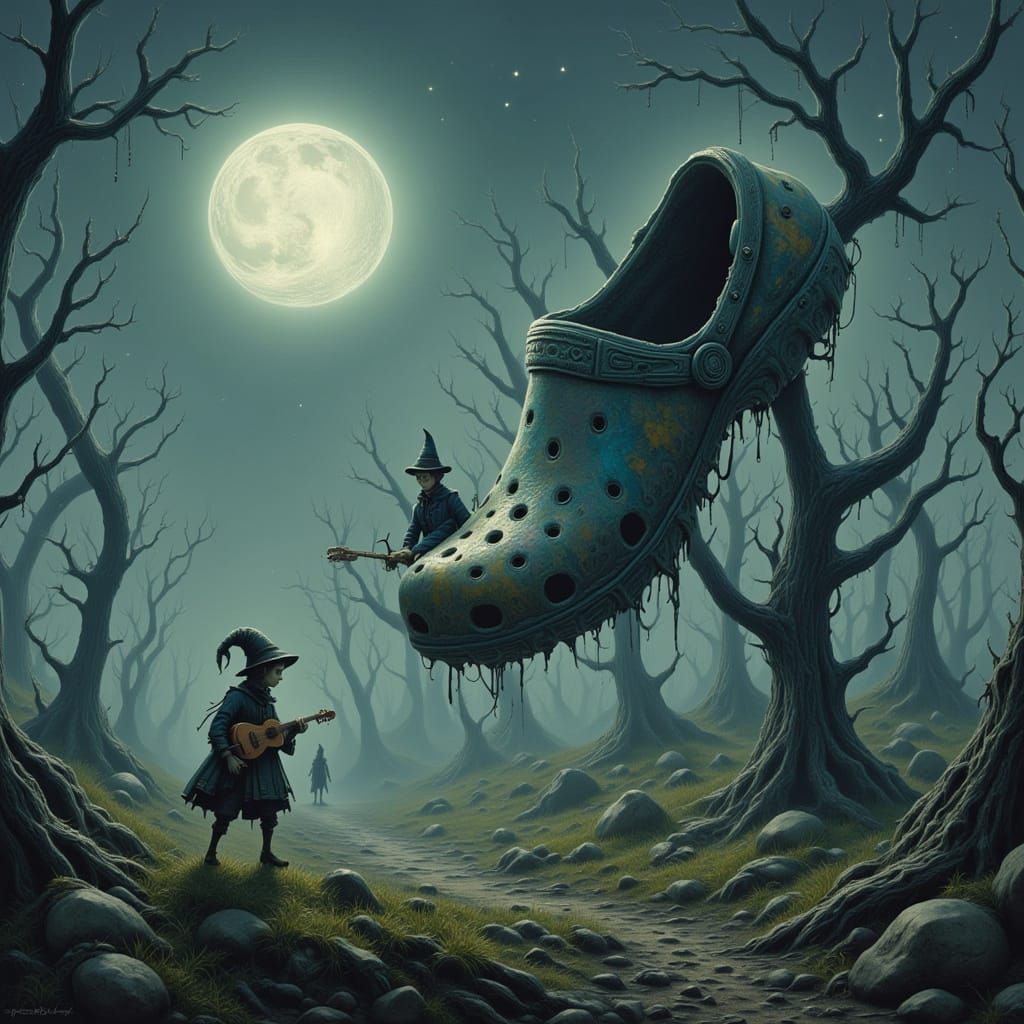 Surreal Croc Shoe in Misty Moonlit Field