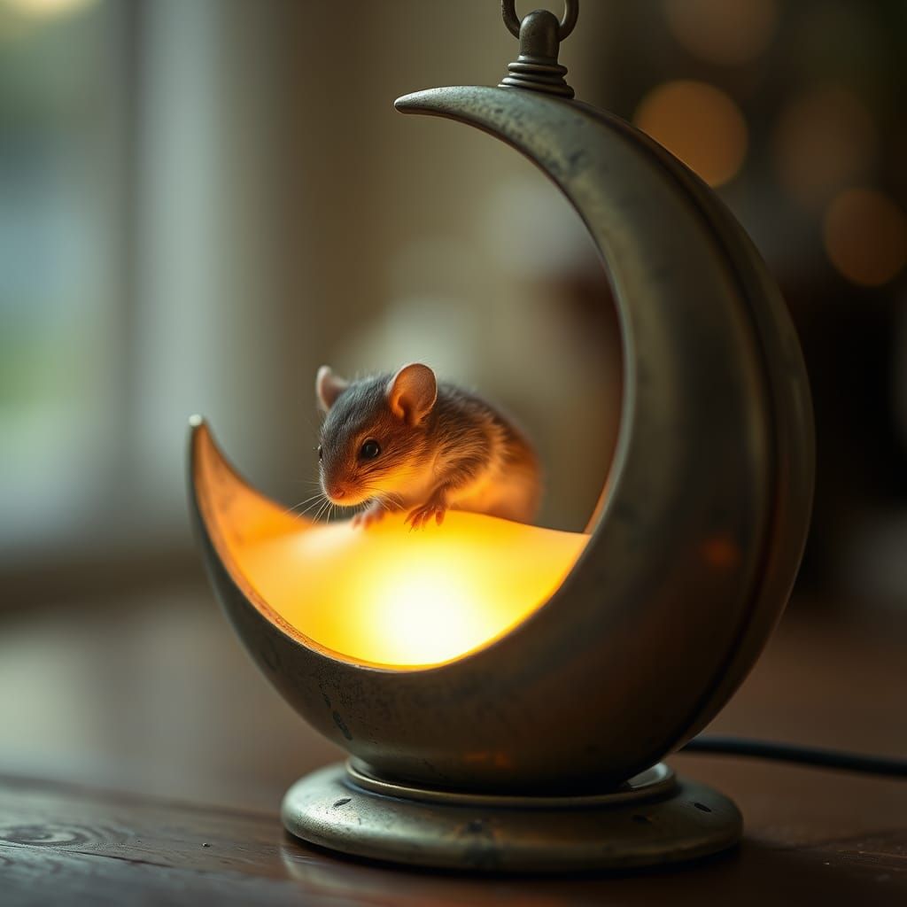 Antique Moon Lamp with Mouse in Golden Light
