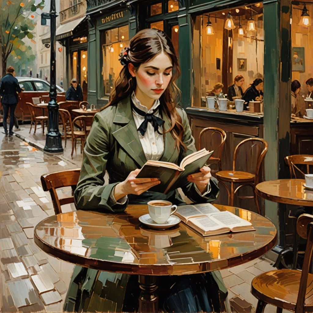 Woman Reading Book in Coffee Shop, Impressionistic Style