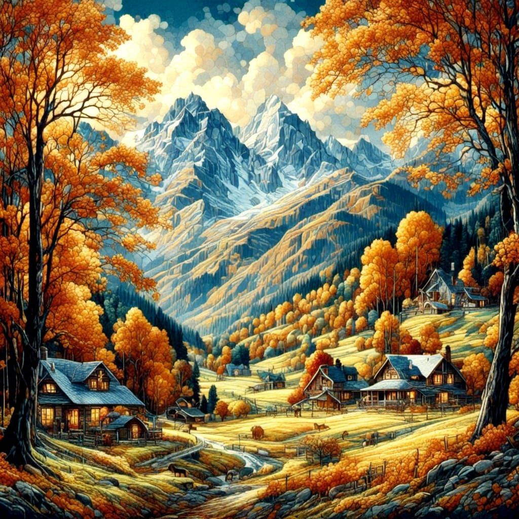 Autumn Landscape in Art Deco Cross-Stitch Style
