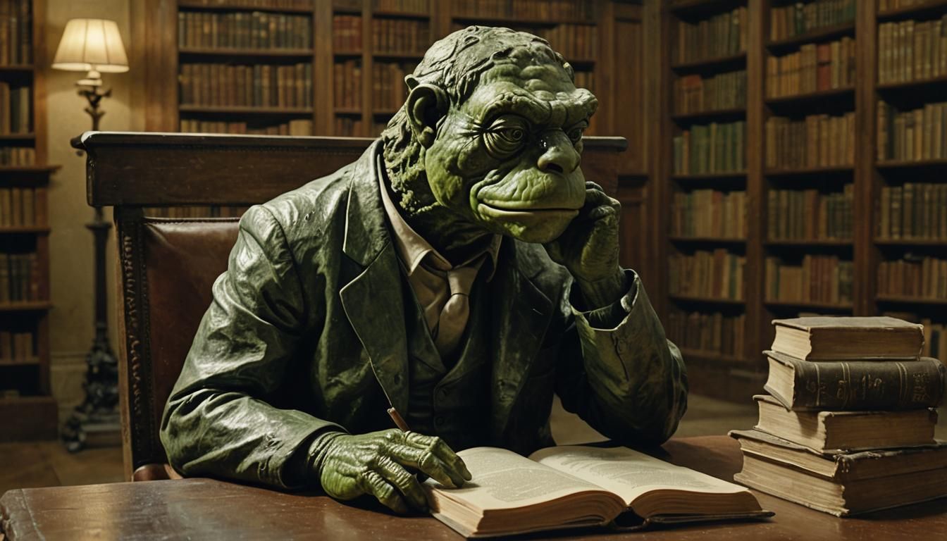 Frog-Faced Thinker in Library, Rembrandt-esque Film Still
