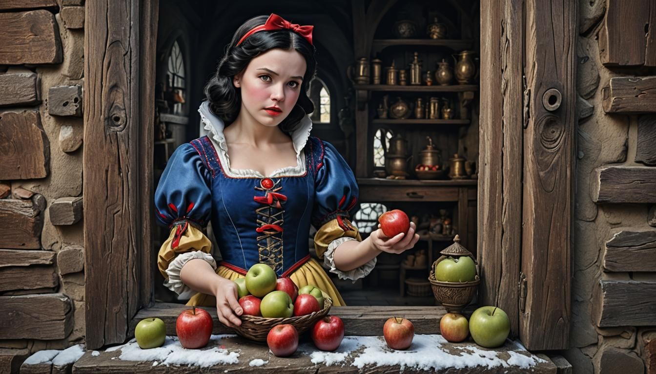 Hyperrealistic Snow White with Apple at Window