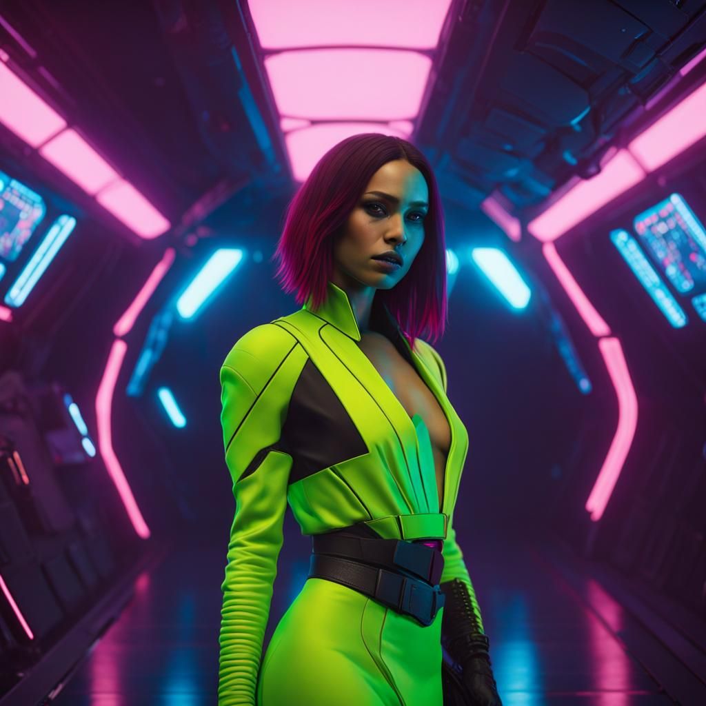 Cyberpunk Gamora on Spaceship Ramp in Neon City
