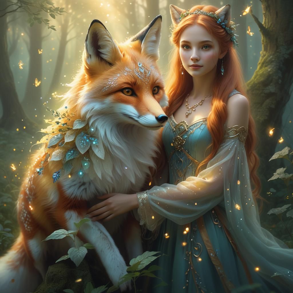 Magical Fox and Forest Maiden in Ethereal Glade