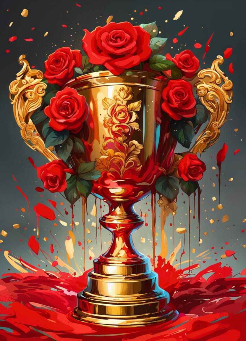 Ornate Gold Trophy Filled with Red Roses