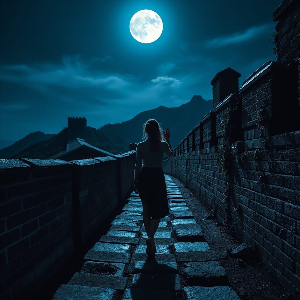 Woman on the Great Wall in Dual-Tone Palette