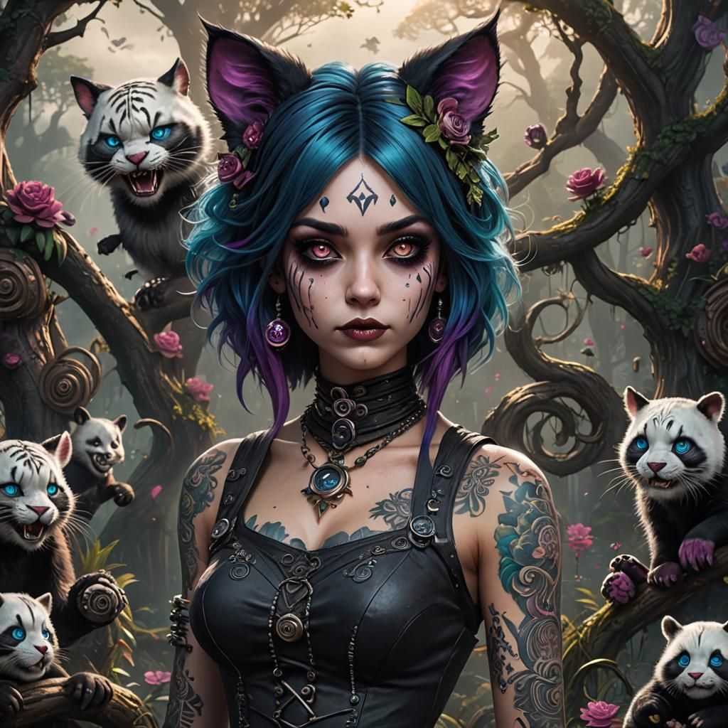 Gothic Alice in Wonderland with Panda Cheshire Cat