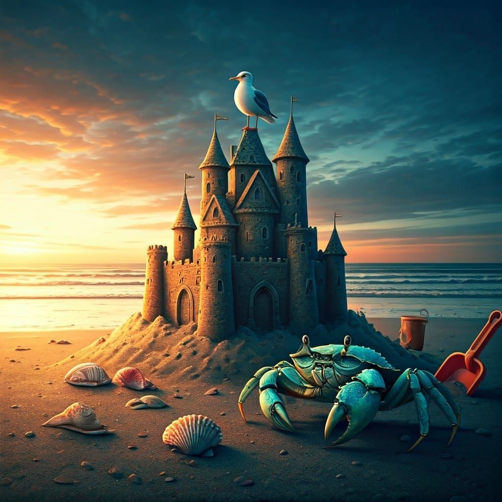 Crab and Sandcastle at Sunset: Watercolor Painting