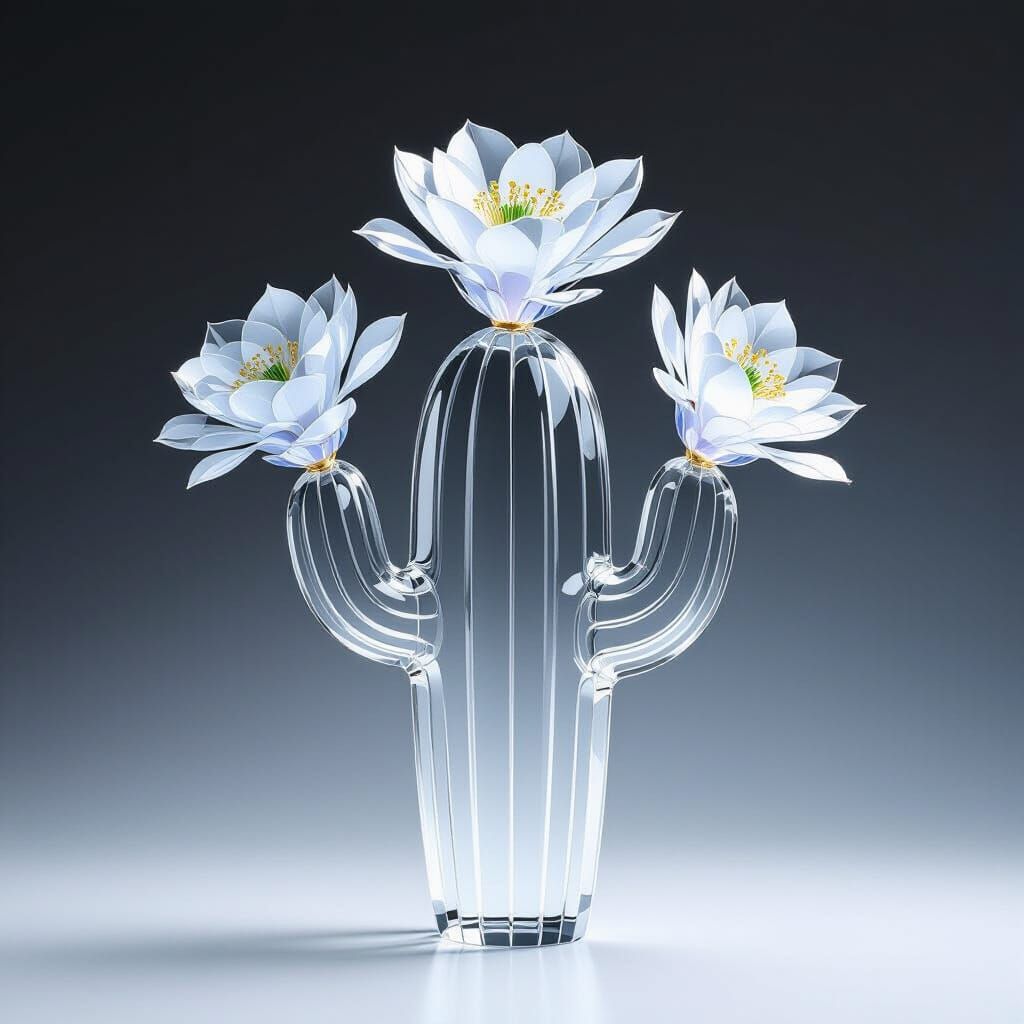 Transparent Glass Cactus with Delicate Crystalline Flowers