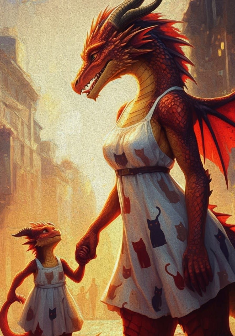 Anthropomorphic Dragon Family in Impasto Anime Style