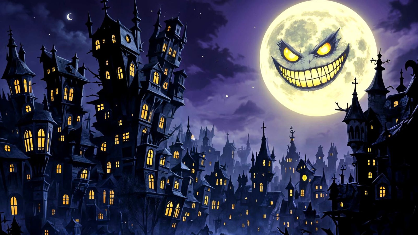 Creepy Gothic Cityscape with Grinning Moon