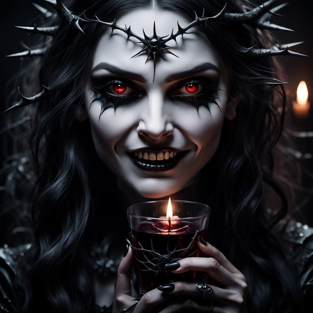Gothic Witch Portrait with Vampire Smile, Dark Fantasy