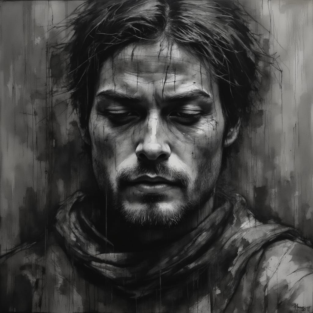 Charcoal Portrait Reflecting Hatred in Black and White