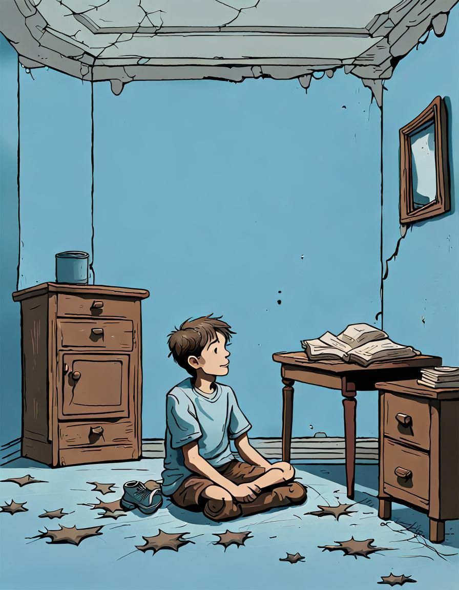 Sad Boy in Dimly Lit, Aged Room