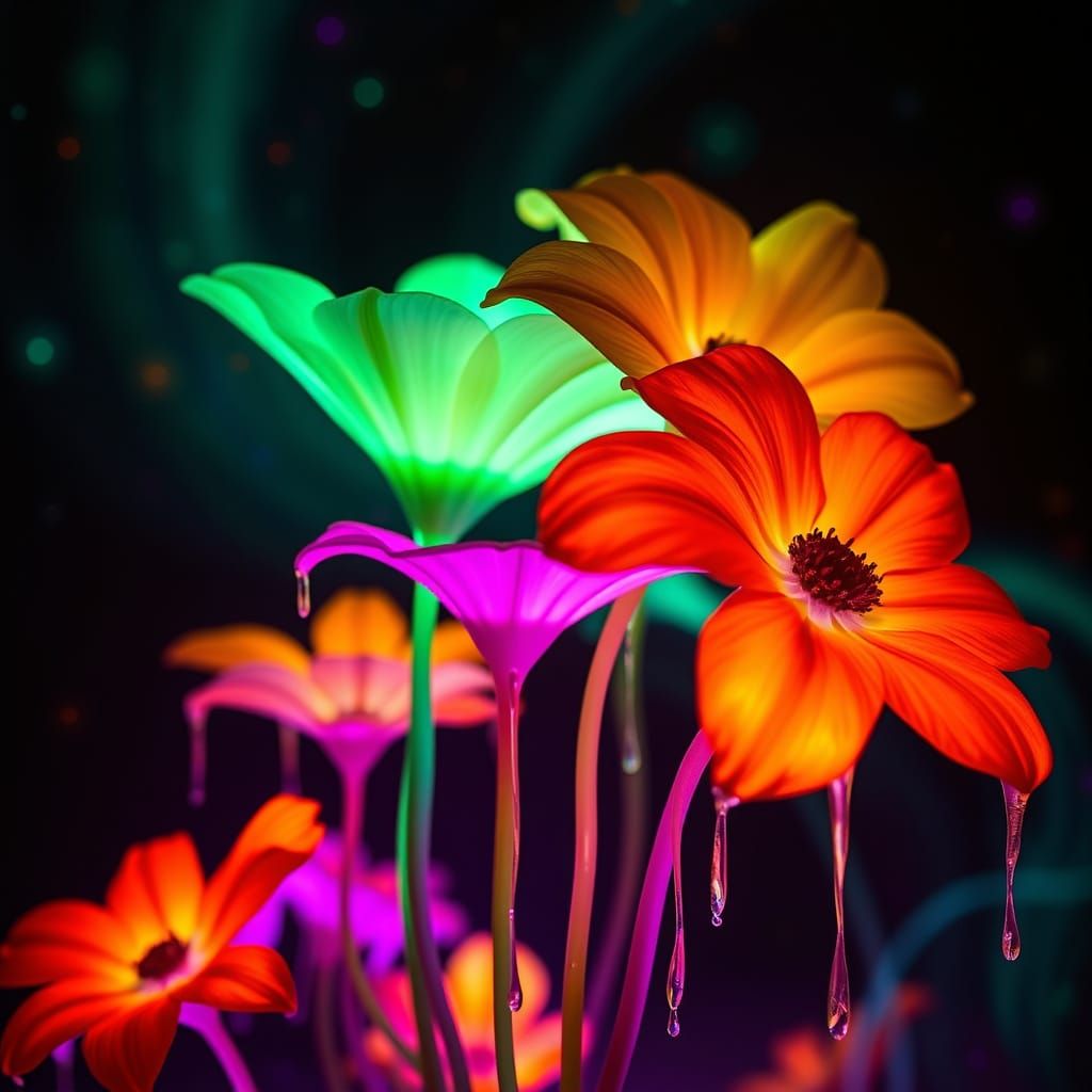 Bioluminescent Flowers in a Colorful Dark Vortex