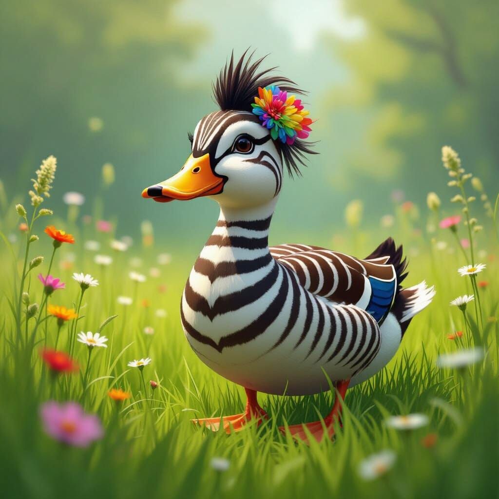 Zebra-Duck Hybrid in Meadow, Whimsical Art Style