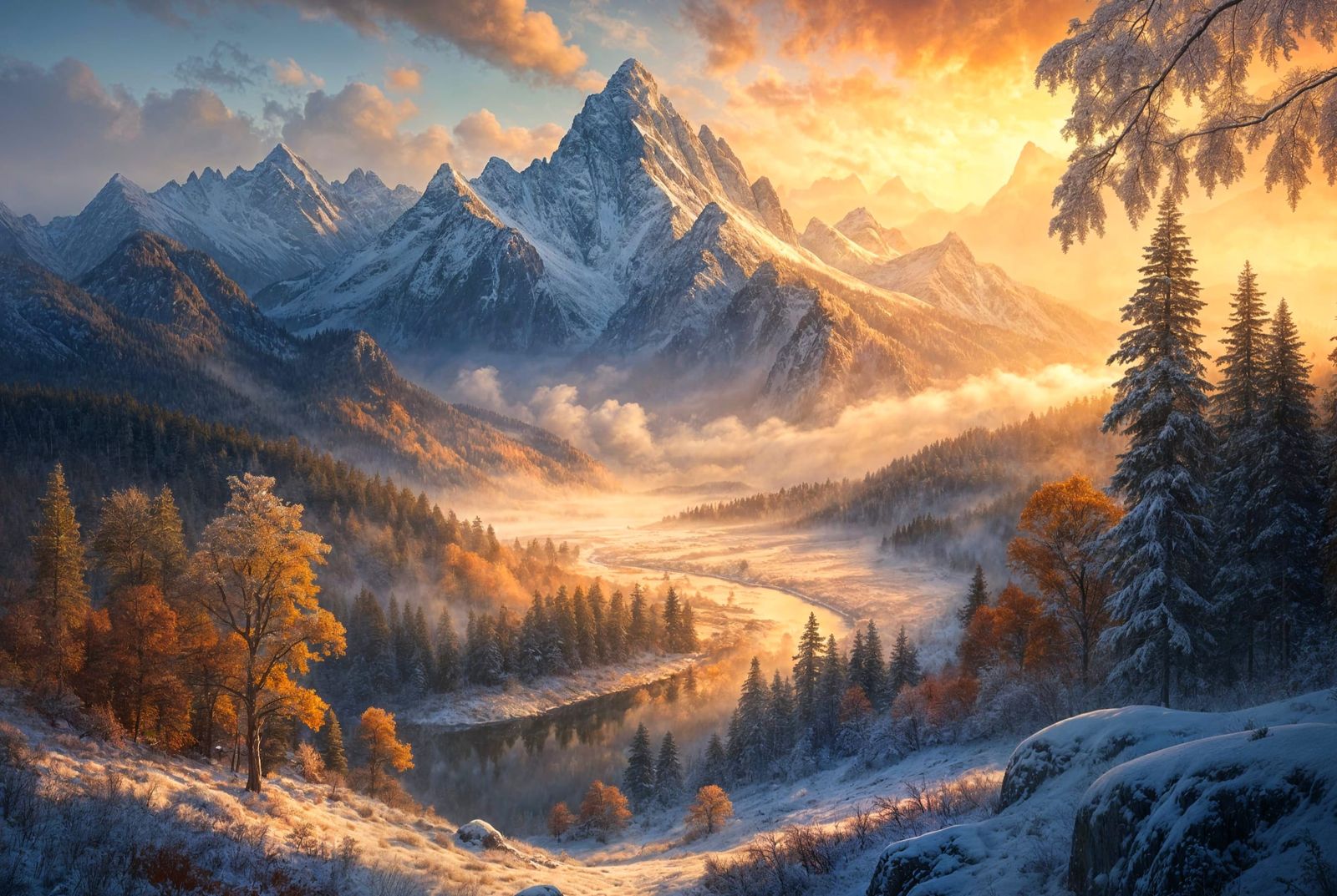 Dreamy Foggy Mountain Landscape Watercolour Oil Painting