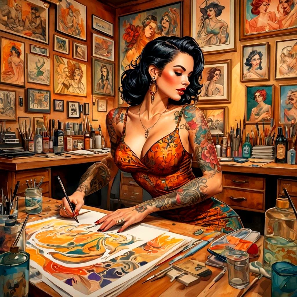 Tattoo Artist in 1950s Pinup Style