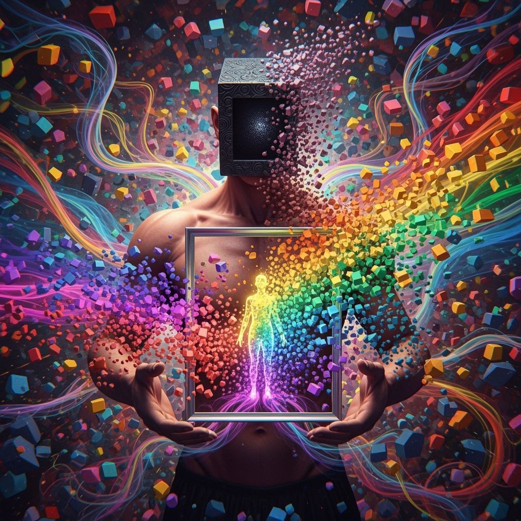 Surreal Figure Dissolving into Neon Cubes Spell