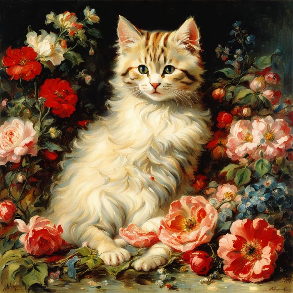 Cat on Pillow with Flowers in Makart Style