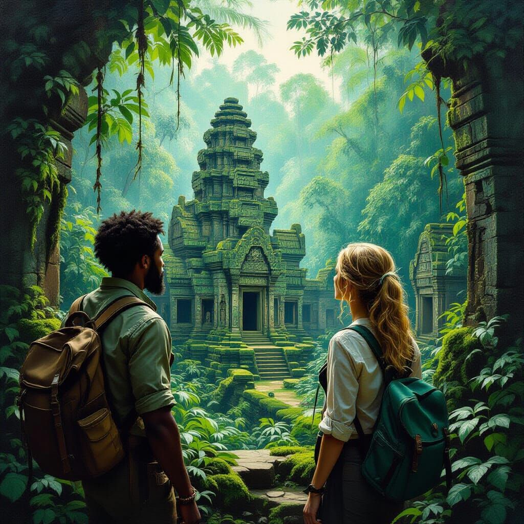 Ancient Jungle City Discovery in Hyperrealistic Oil Painting