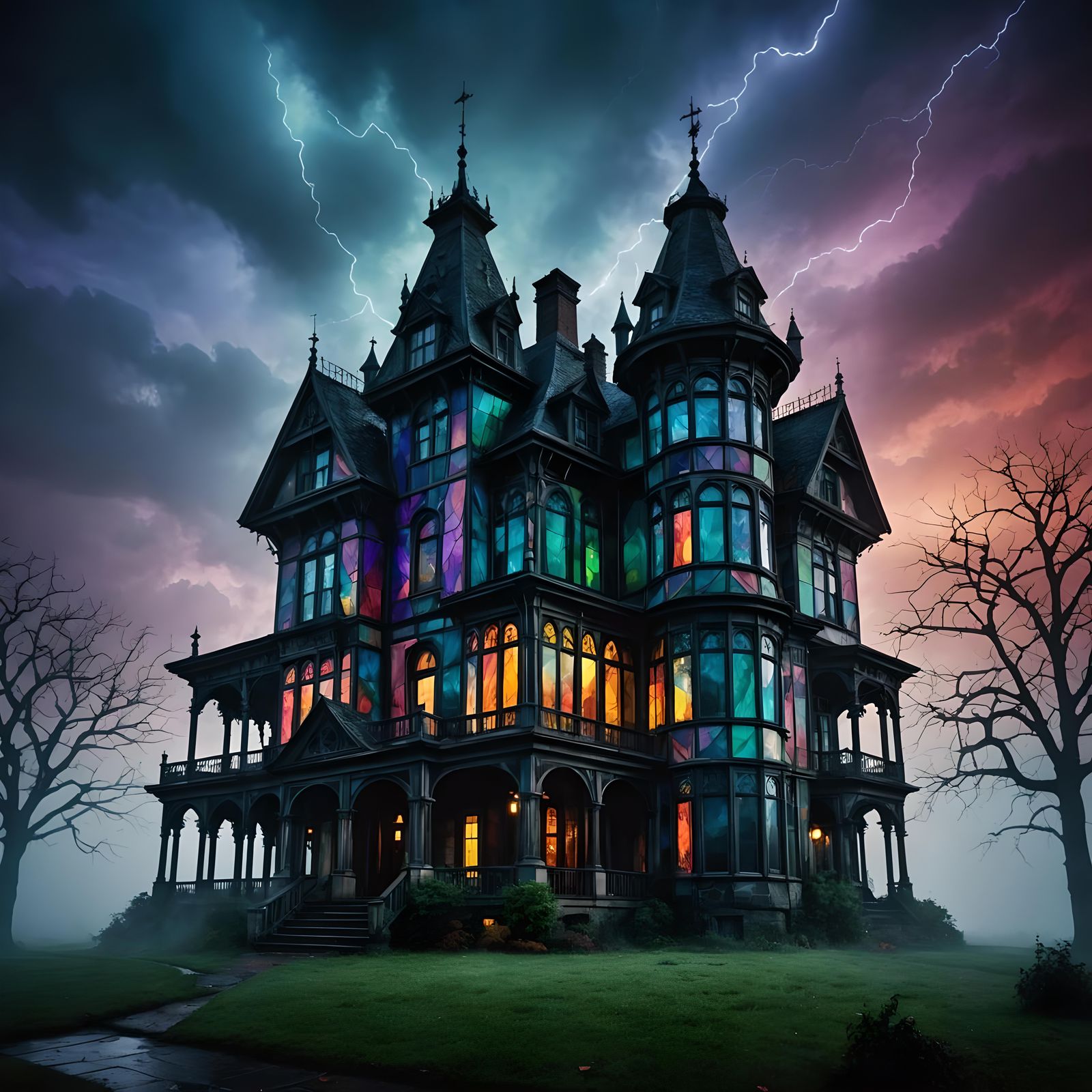 Spooky Stained Glass Mansion in Tim Burton Style
