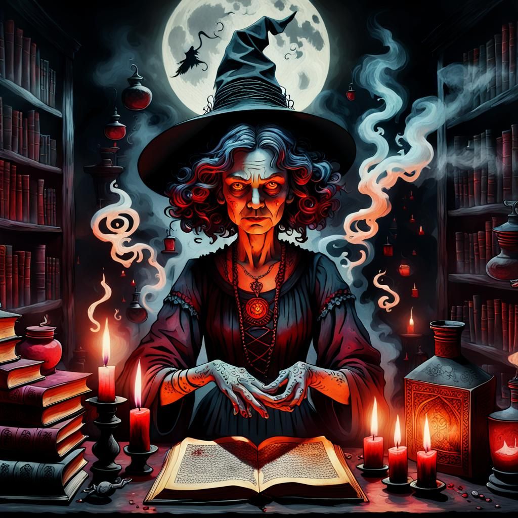 Witch Casting Spell in Surrealist Tattoo Art Style