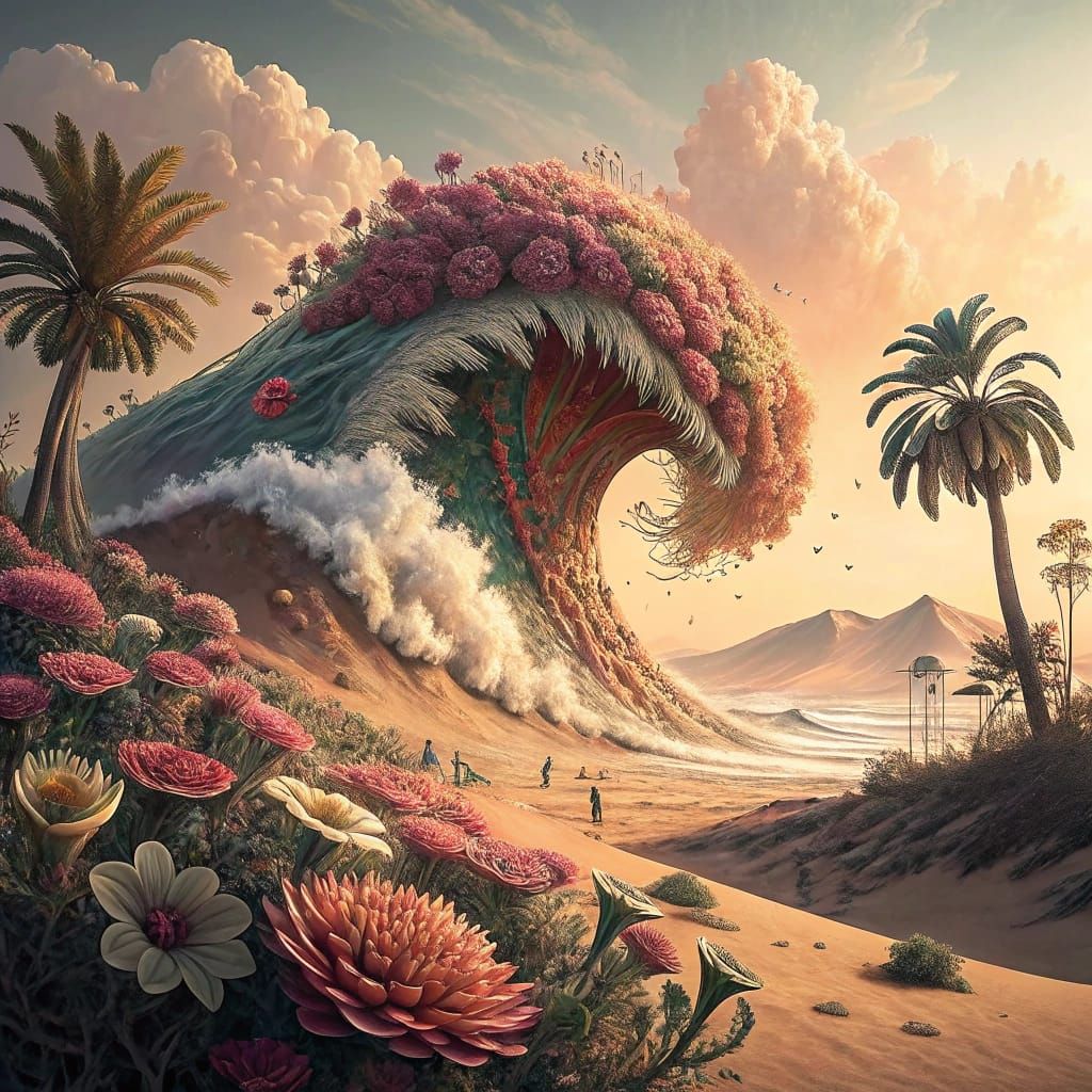 Epic Desert Flower Tsunami in Vibrant, Futuristic Realism