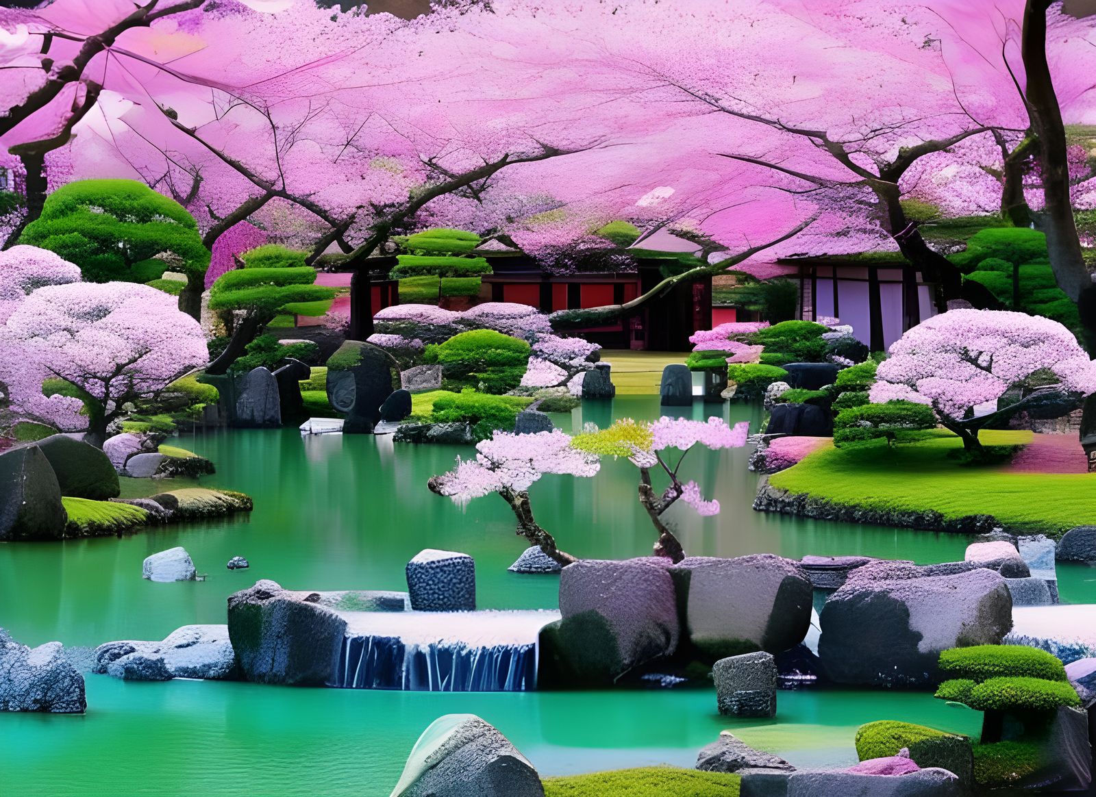 Magical Japanese Temple Garden with Cherry Blossoms