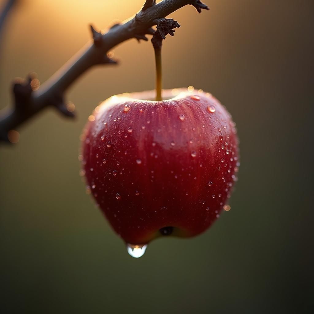 Hyperrealistic Apple with Water Droplet in Morning Light