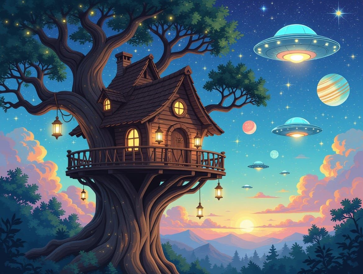 Whimsical Treehouse Surrounded by Celestial Wonders in a Dre...