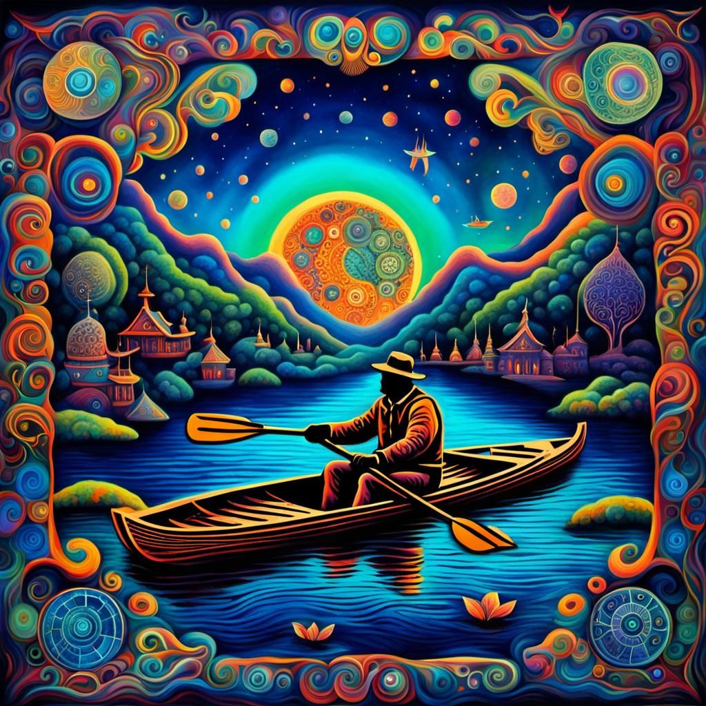 Ethereal Cosmic River Rowing: Psychedelic Artwork