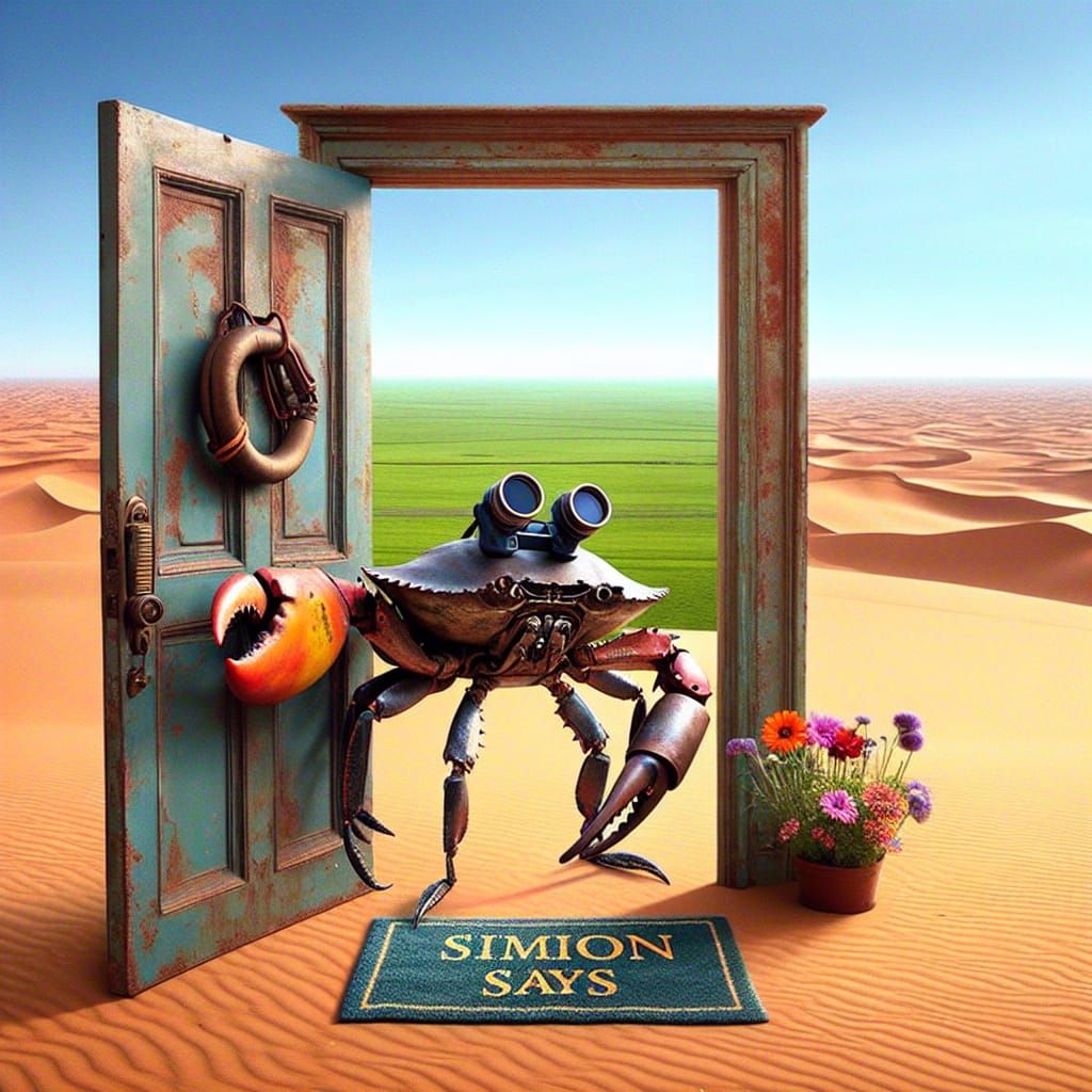 Steampunk Crab Welder Guarding a Desert Doorway