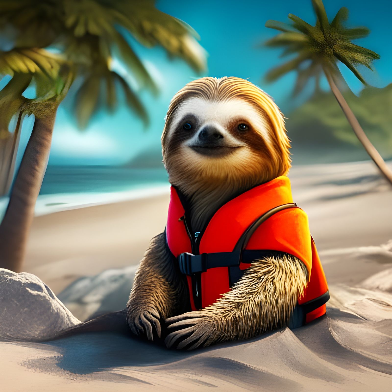 Baby Sloth's Beach Day: Hyperdetailed Concept Art