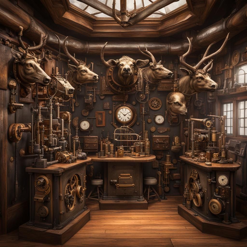 Lavish Steampunk Hunting Lodge Interior with Mechanical Anim...