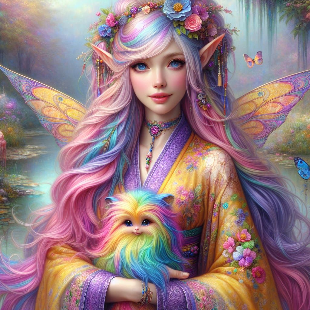 Elf with Rainbow Creature in Enchanted Forest