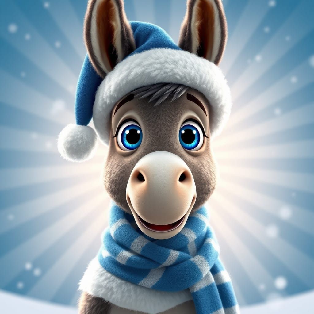 Whimsical Cartoon Donkey in Vibrant Blue Christmas Attire