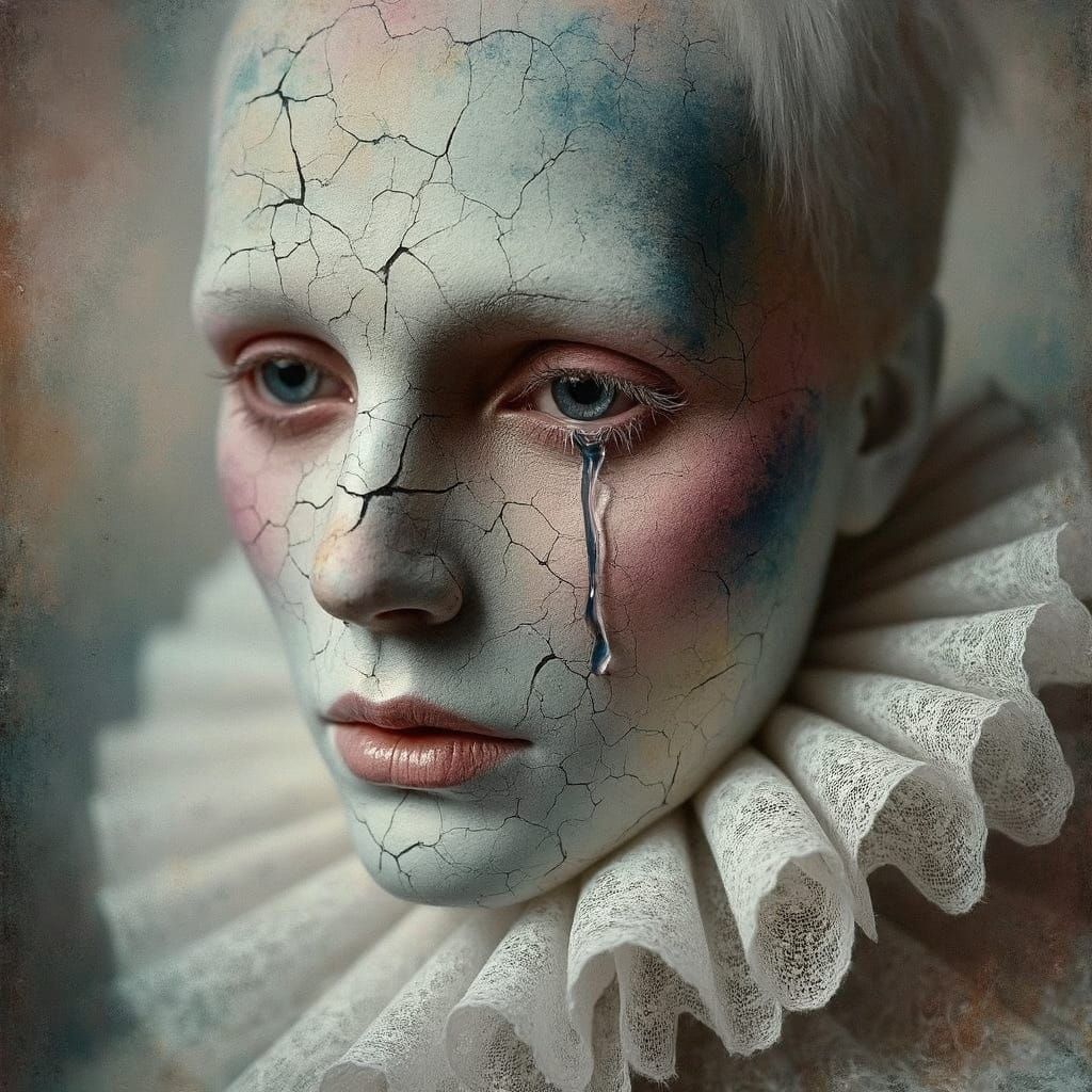 Melancholic Harlequin, cracked porcelain, single tear